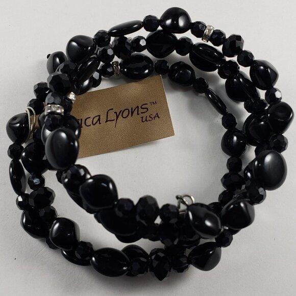 ERICA LYONS, Women's Stunning Silver tone & Black Beaded Coil/Wrap Bracelet, 7" - Picture 1 of 4